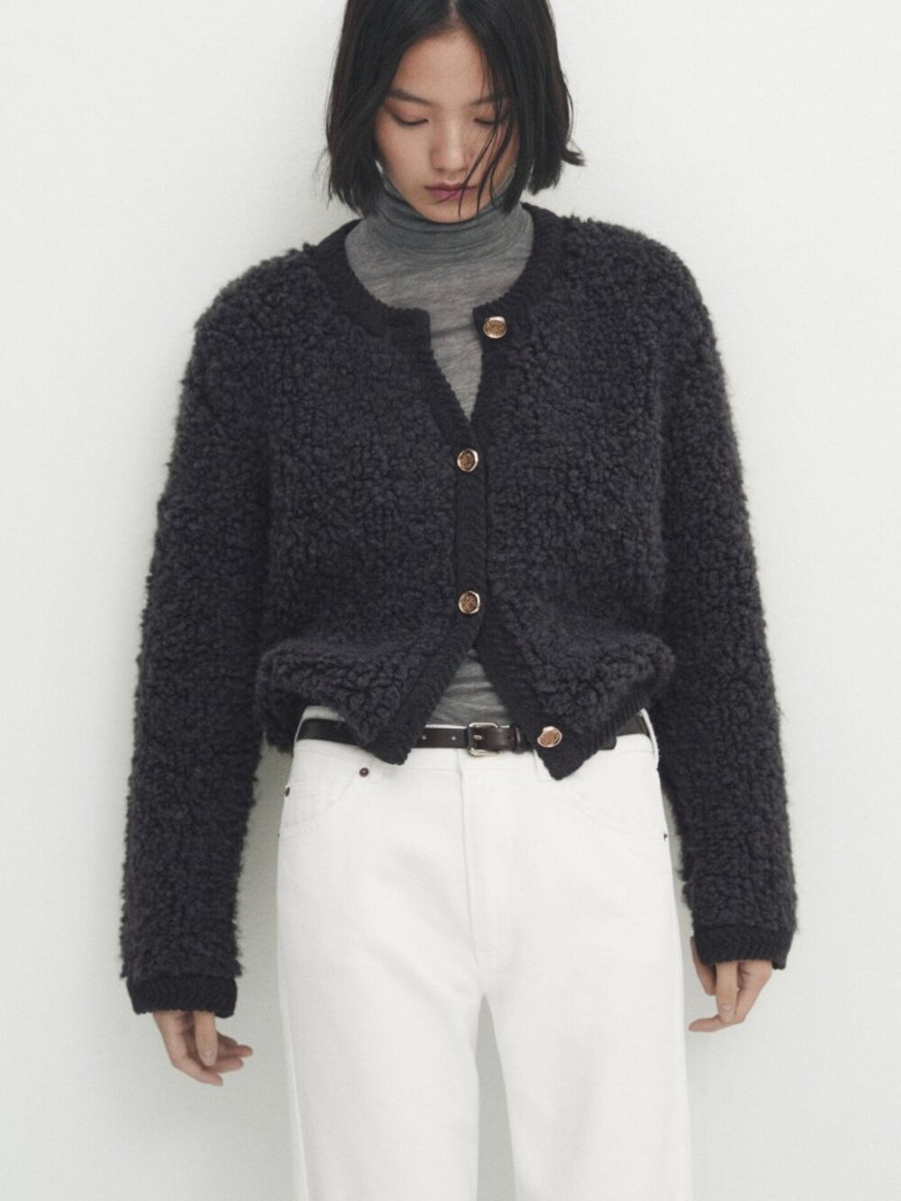 Massimo Dutti Boucle Cardigan with Gold Buttons in Charcoal Black